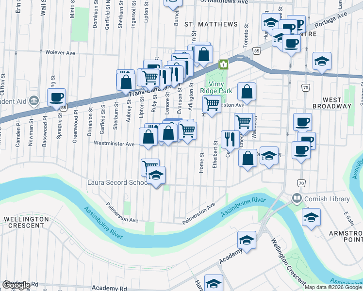 map of restaurants, bars, coffee shops, grocery stores, and more near 875 Westminster Avenue in Winnipeg