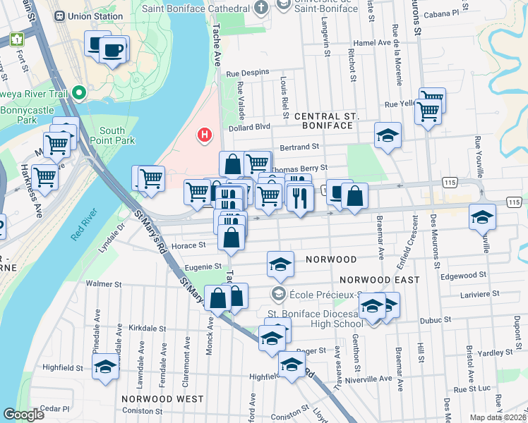 map of restaurants, bars, coffee shops, grocery stores, and more near 163 Marion Street in Winnipeg