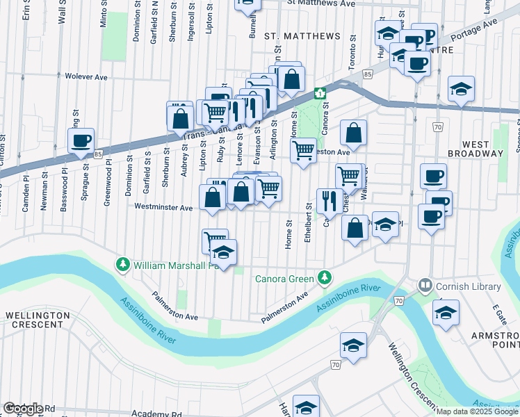 map of restaurants, bars, coffee shops, grocery stores, and more near 875 Westminster Avenue in Winnipeg