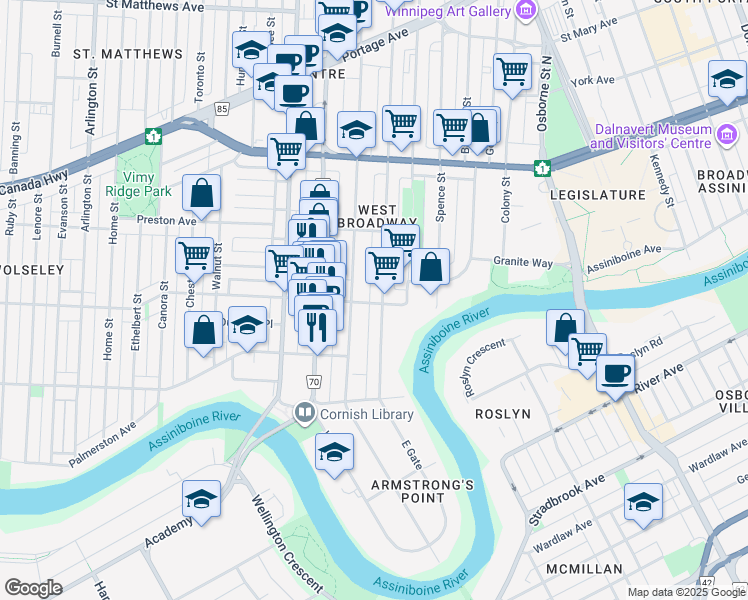 map of restaurants, bars, coffee shops, grocery stores, and more near 645 Westminster Avenue in Winnipeg