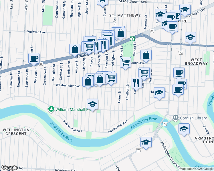 map of restaurants, bars, coffee shops, grocery stores, and more near 170 Arlington Street in Winnipeg