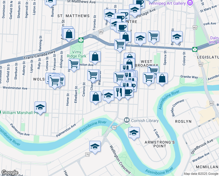 map of restaurants, bars, coffee shops, grocery stores, and more near 748 Westminster Avenue in Winnipeg