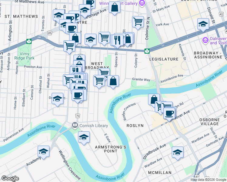 map of restaurants, bars, coffee shops, grocery stores, and more near 30 Spence Street in Winnipeg