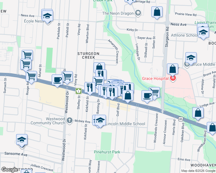 map of restaurants, bars, coffee shops, grocery stores, and more near 215 Greenway Crescent West in Winnipeg