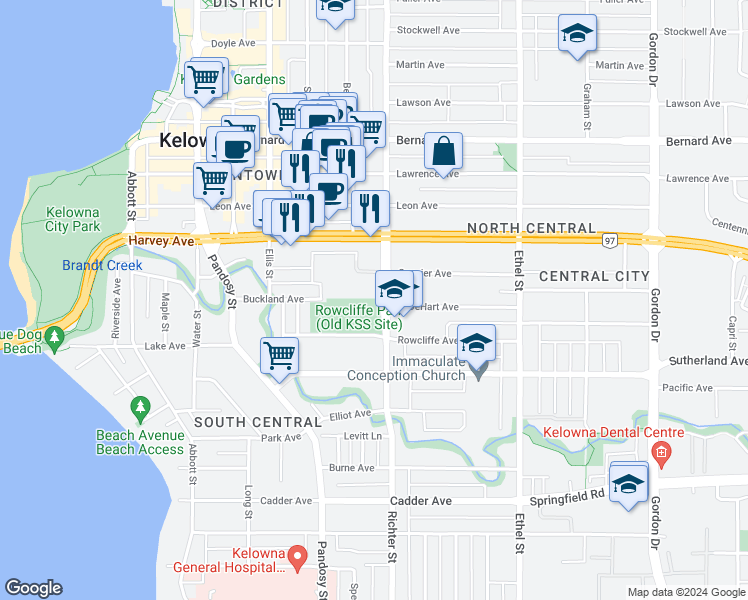 map of restaurants, bars, coffee shops, grocery stores, and more near 1770 Richter Street in Kelowna