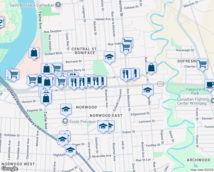 map of restaurants, bars, coffee shops, grocery stores, and more near 301 Marion Street in Winnipeg