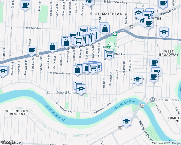 map of restaurants, bars, coffee shops, grocery stores, and more near in Winnipeg
