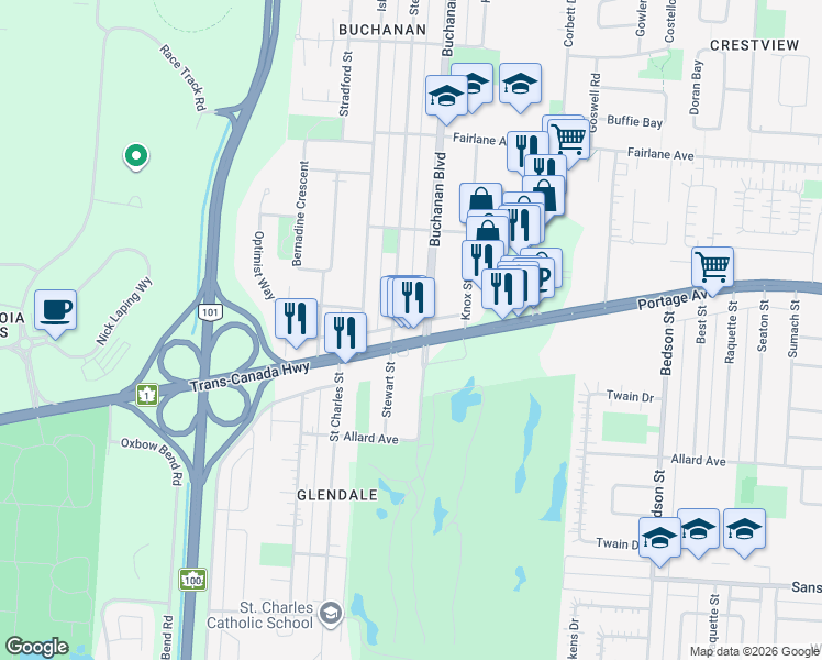 map of restaurants, bars, coffee shops, grocery stores, and more near 624 Buchanan Boulevard in Winnipeg