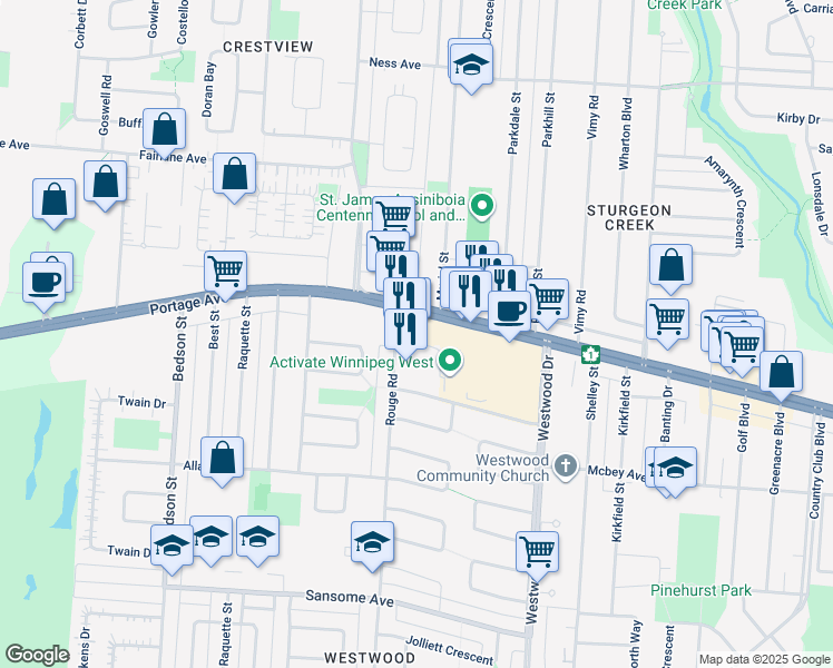 map of restaurants, bars, coffee shops, grocery stores, and more near 3343 Trans-Canada Highway in Winnipeg