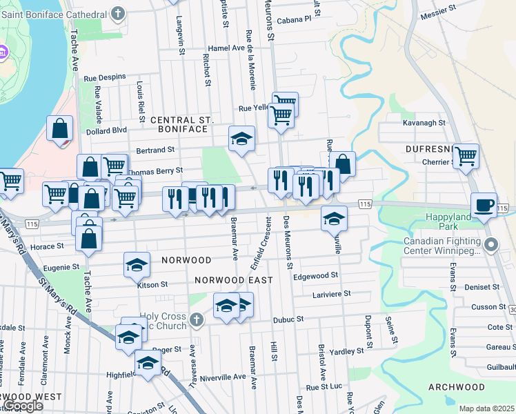 map of restaurants, bars, coffee shops, grocery stores, and more near 331 Marion Street in Winnipeg
