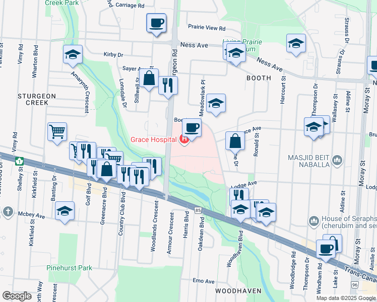 map of restaurants, bars, coffee shops, grocery stores, and more near 300 Booth Drive in Winnipeg