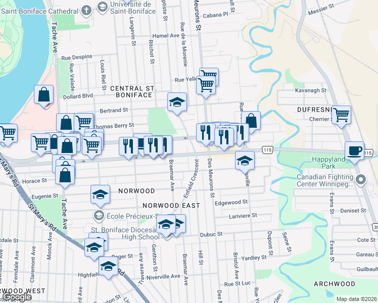 map of restaurants, bars, coffee shops, grocery stores, and more near 331 Marion Street in Winnipeg
