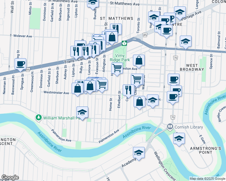 map of restaurants, bars, coffee shops, grocery stores, and more near 192 Home Street in Winnipeg