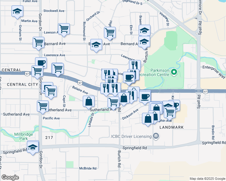map of restaurants, bars, coffee shops, grocery stores, and more near Harvey Avenue in Kelowna