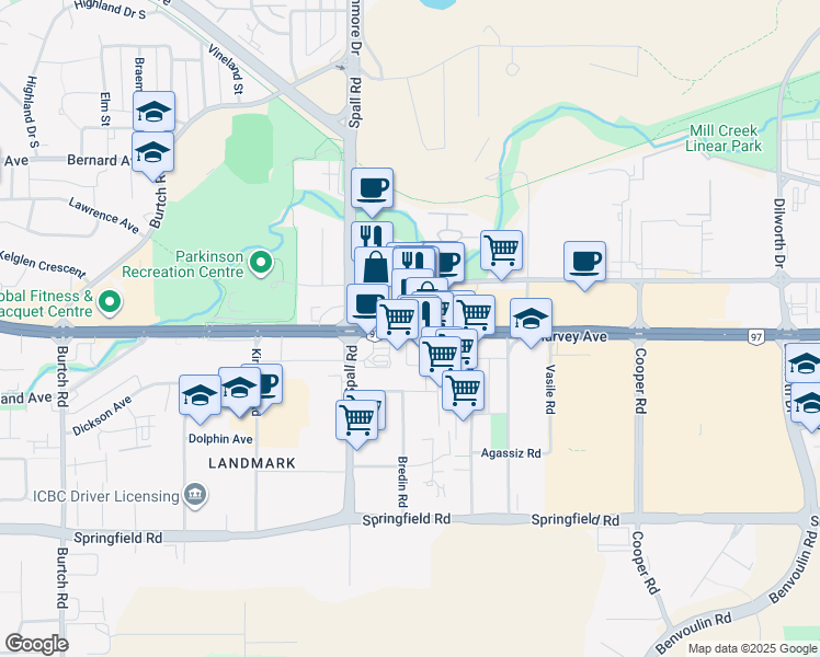 map of restaurants, bars, coffee shops, grocery stores, and more near 1950 Okanagan Highway in Kelowna