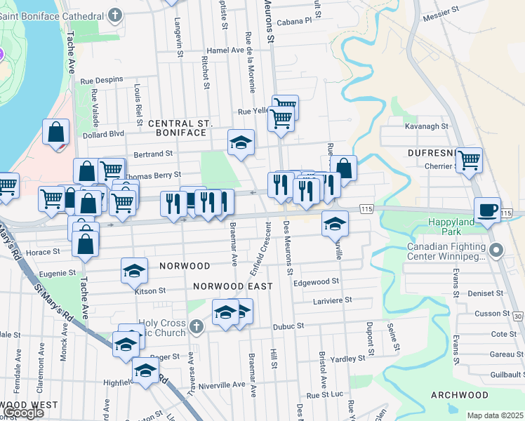 map of restaurants, bars, coffee shops, grocery stores, and more near 309 Enfield Crescent in Winnipeg