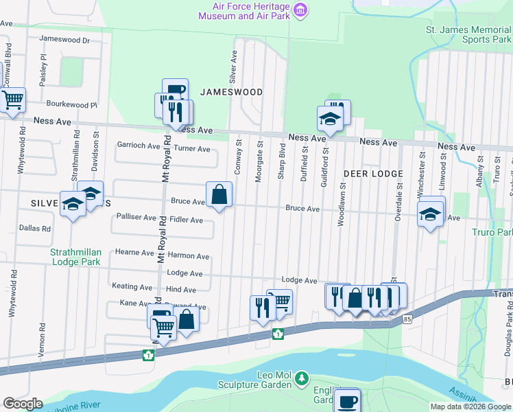 map of restaurants, bars, coffee shops, grocery stores, and more near Moorgate Street in Winnipeg