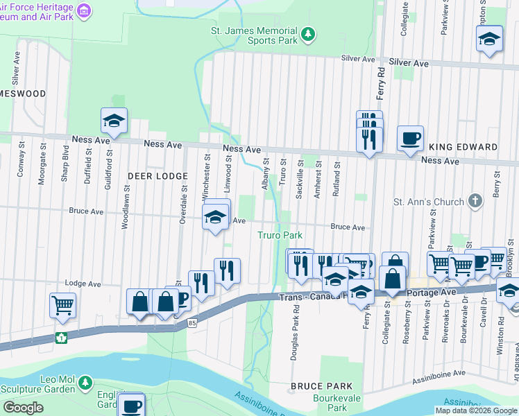 map of restaurants, bars, coffee shops, grocery stores, and more near 282 Albany Street in Winnipeg