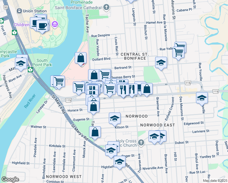 map of restaurants, bars, coffee shops, grocery stores, and more near 182 Goulet Street in Winnipeg