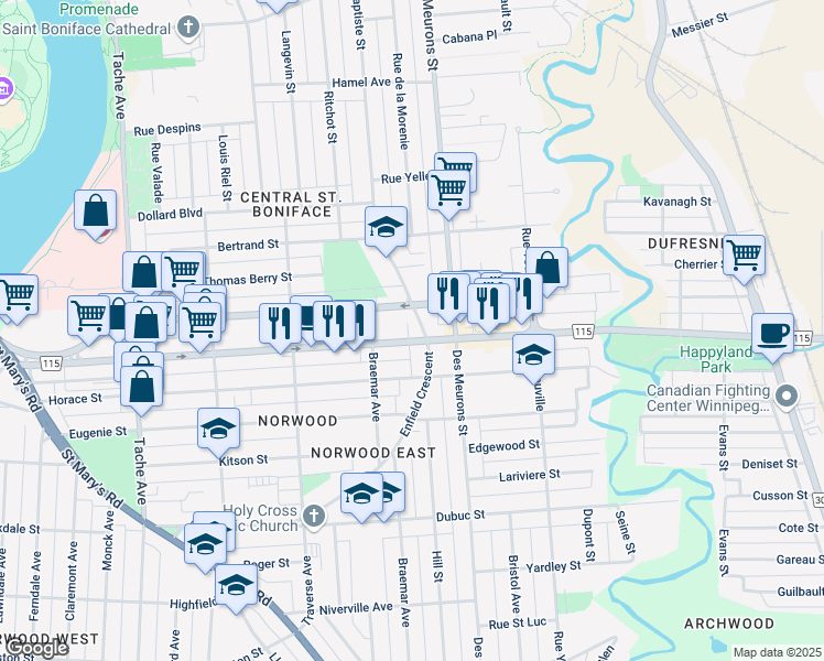 map of restaurants, bars, coffee shops, grocery stores, and more near 325 Enfield Crescent in Winnipeg