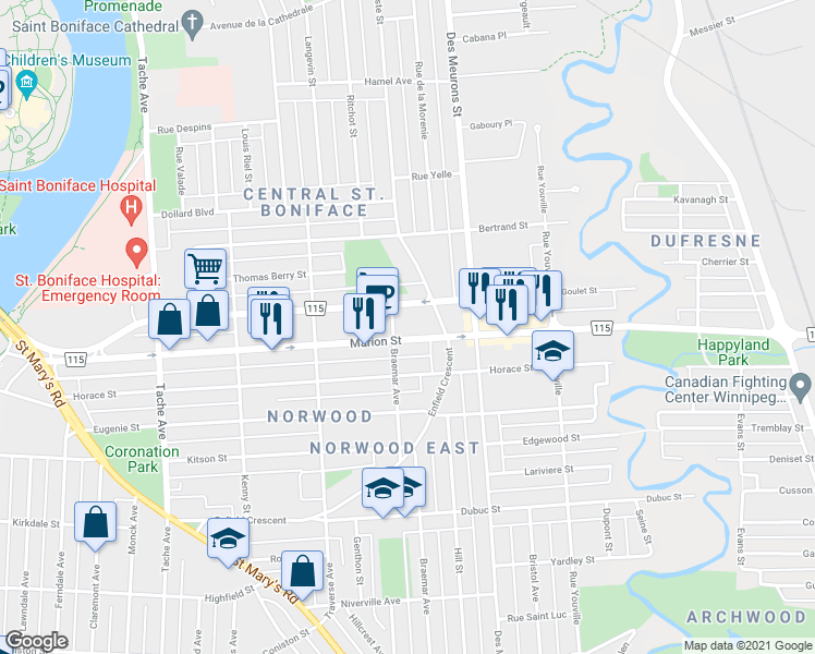 map of restaurants, bars, coffee shops, grocery stores, and more near 325 Enfield Crescent in Winnipeg