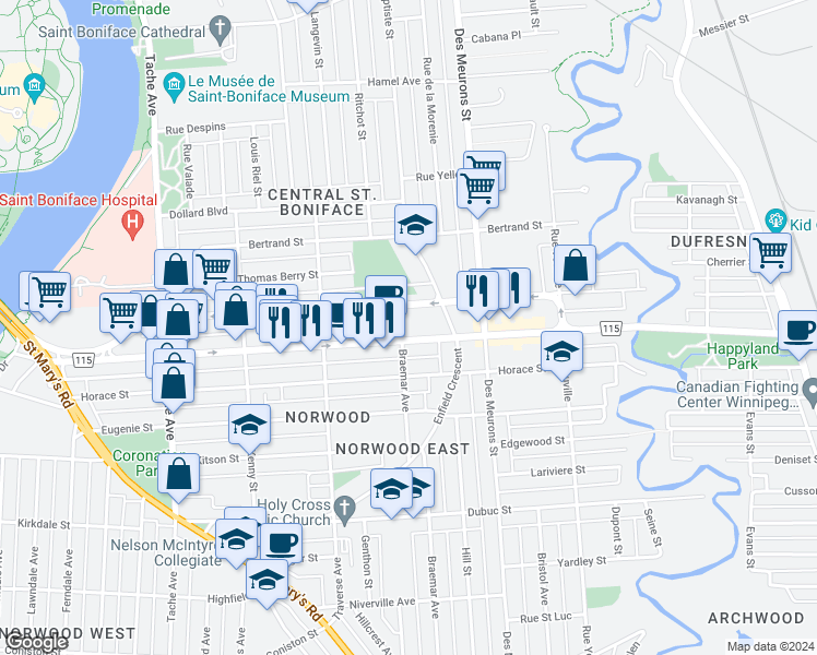 map of restaurants, bars, coffee shops, grocery stores, and more near 302 Braemar Avenue in Winnipeg