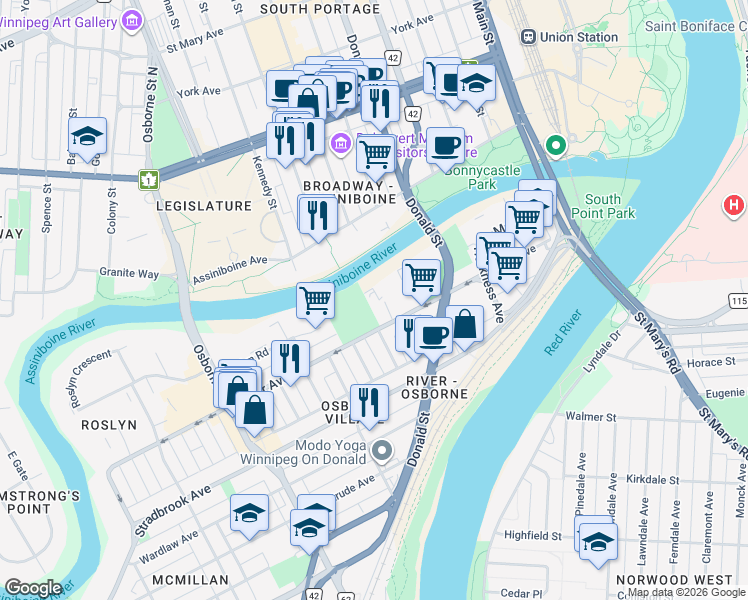 map of restaurants, bars, coffee shops, grocery stores, and more near 279 River Avenue in Winnipeg