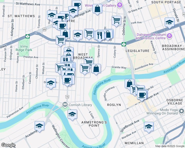 map of restaurants, bars, coffee shops, grocery stores, and more near 14 Balmoral Street in Winnipeg