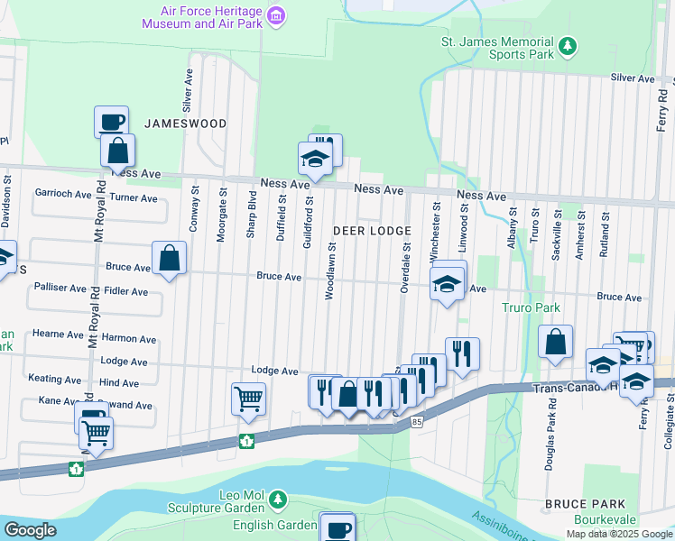 map of restaurants, bars, coffee shops, grocery stores, and more near 323 Woodlawn Street in Winnipeg
