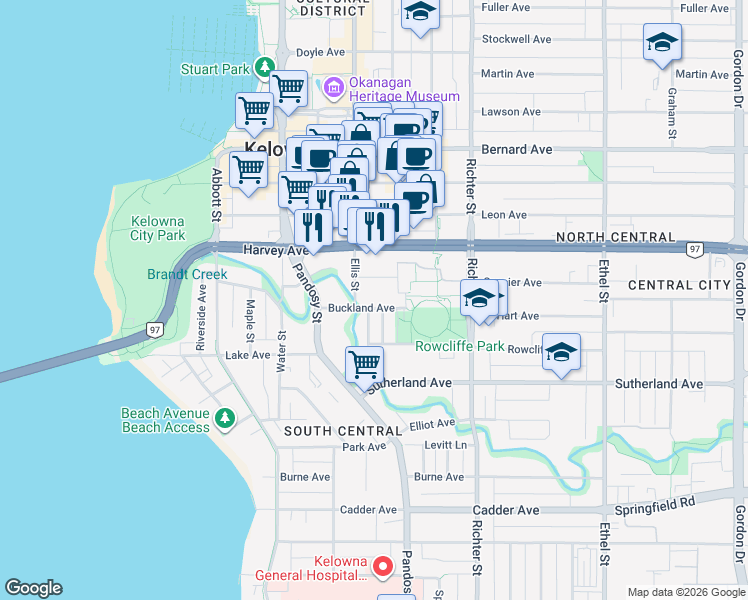 map of restaurants, bars, coffee shops, grocery stores, and more near 510 Buckland Avenue in Kelowna