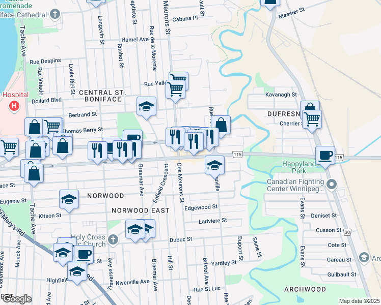 map of restaurants, bars, coffee shops, grocery stores, and more near 373 Marion Street in Winnipeg
