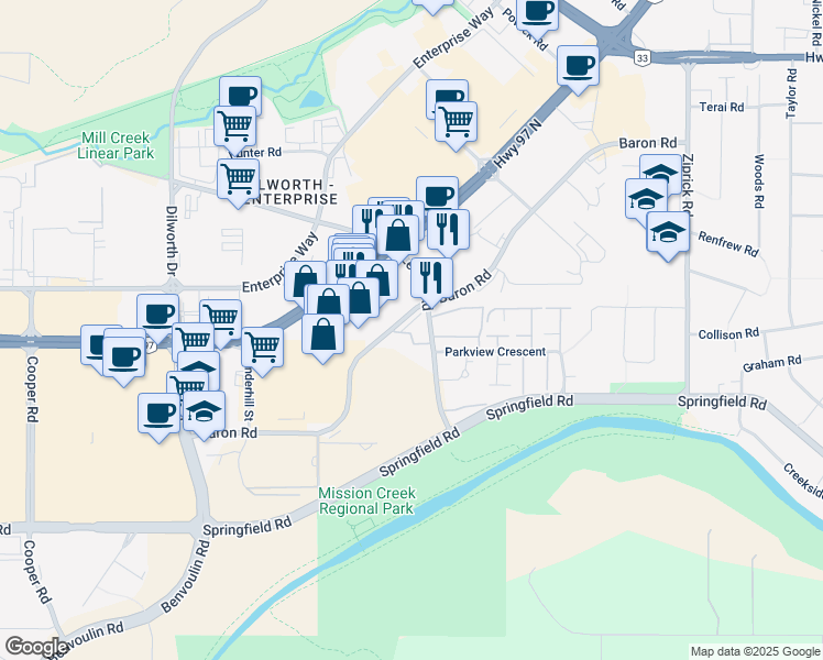 map of restaurants, bars, coffee shops, grocery stores, and more near in Kelowna
