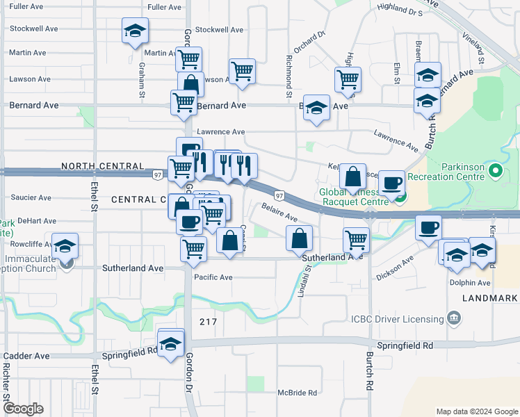map of restaurants, bars, coffee shops, grocery stores, and more near 1276 Belaire Avenue in Kelowna
