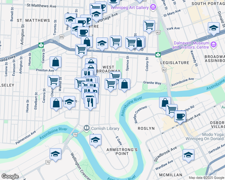 map of restaurants, bars, coffee shops, grocery stores, and more near 129 Langside Street in Winnipeg