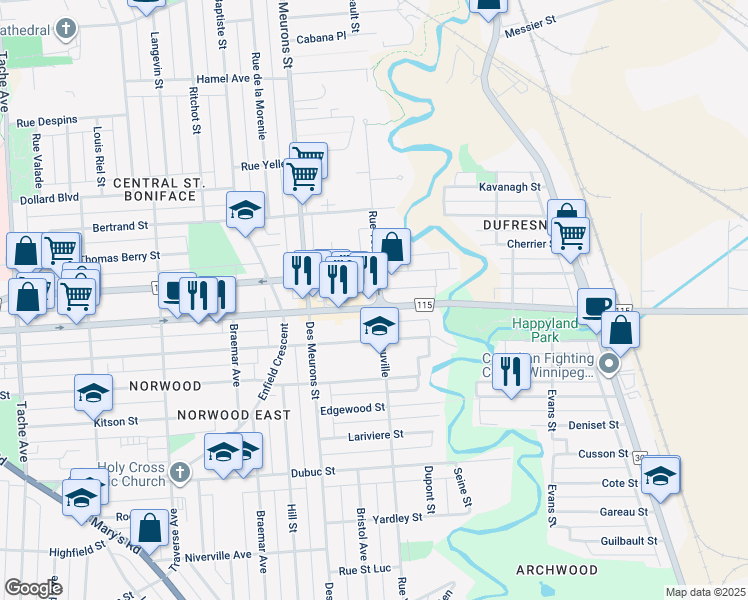 map of restaurants, bars, coffee shops, grocery stores, and more near 323 Rue Youville in Winnipeg