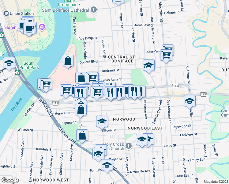 map of restaurants, bars, coffee shops, grocery stores, and more near in Winnipeg