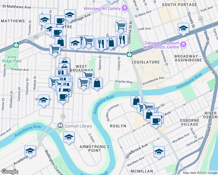 map of restaurants, bars, coffee shops, grocery stores, and more near 38 Balmoral Street in Winnipeg