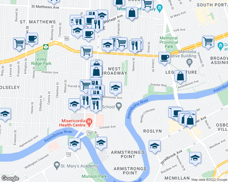 map of restaurants, bars, coffee shops, grocery stores, and more near 129 Langside Street in Winnipeg