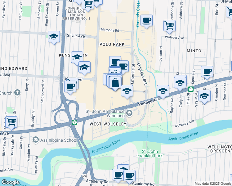 map of restaurants, bars, coffee shops, grocery stores, and more near 1485 Portage Avenue in Winnipeg