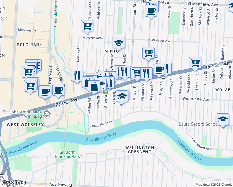 map of restaurants, bars, coffee shops, grocery stores, and more near 545 Telfer Street South in Winnipeg
