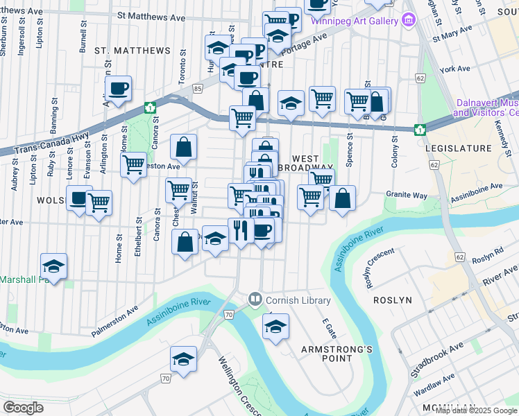 map of restaurants, bars, coffee shops, grocery stores, and more near 118 Sherbrook Street in Winnipeg