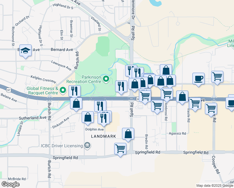 map of restaurants, bars, coffee shops, grocery stores, and more near 1864 Okanagan Highway in Kelowna
