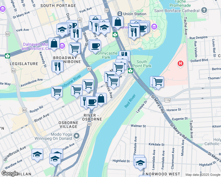 map of restaurants, bars, coffee shops, grocery stores, and more near 166 Harkness Street in Winnipeg