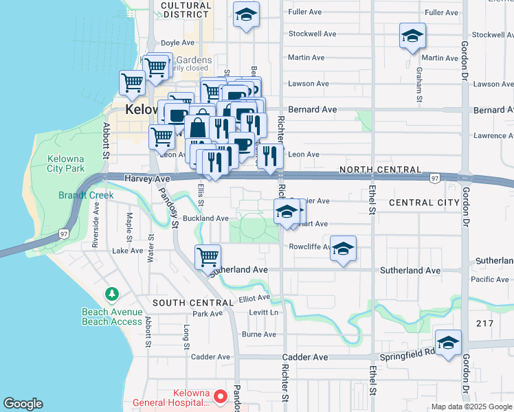 map of restaurants, bars, coffee shops, grocery stores, and more near 575 Harvey Avenue in Kelowna
