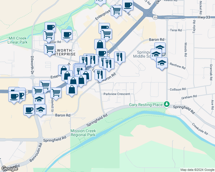 map of restaurants, bars, coffee shops, grocery stores, and more near 1765 Leckie Road in Kelowna