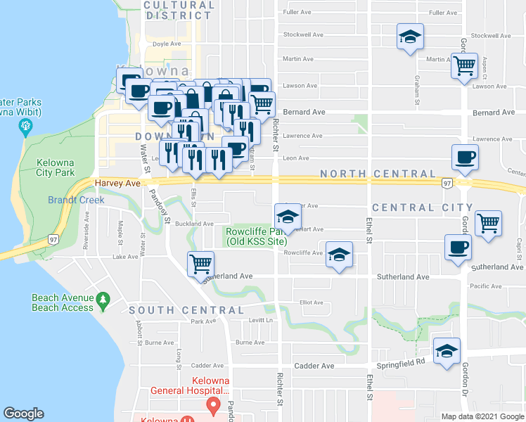 map of restaurants, bars, coffee shops, grocery stores, and more near 575 Harvey Avenue in Kelowna