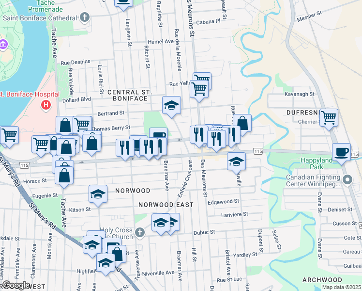 map of restaurants, bars, coffee shops, grocery stores, and more near 325 Enfield Crescent in Winnipeg