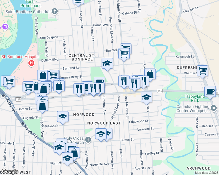 map of restaurants, bars, coffee shops, grocery stores, and more near 325 Enfield Crescent in Winnipeg