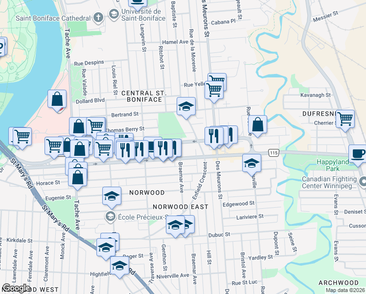 map of restaurants, bars, coffee shops, grocery stores, and more near 302 Goulet Street in Winnipeg