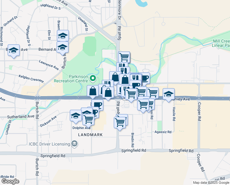 map of restaurants, bars, coffee shops, grocery stores, and more near 1890 Harvey Avenue in Kelowna